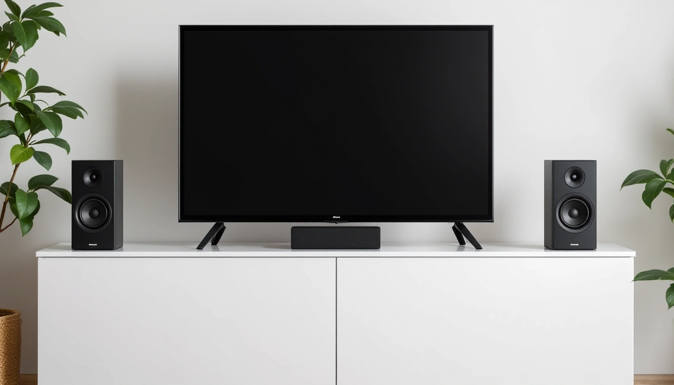 A center speaker below a wall TV with two bookshelf speakers on a low cabinet