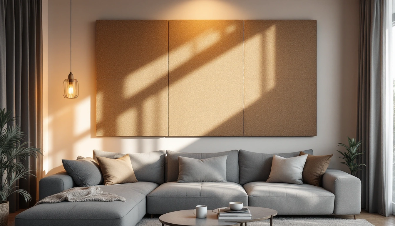 Fabric-wrapped acoustic panels mounted on a living room wall