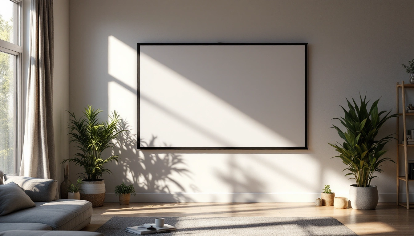 A projector screen mounted on a wall in a sunlit den