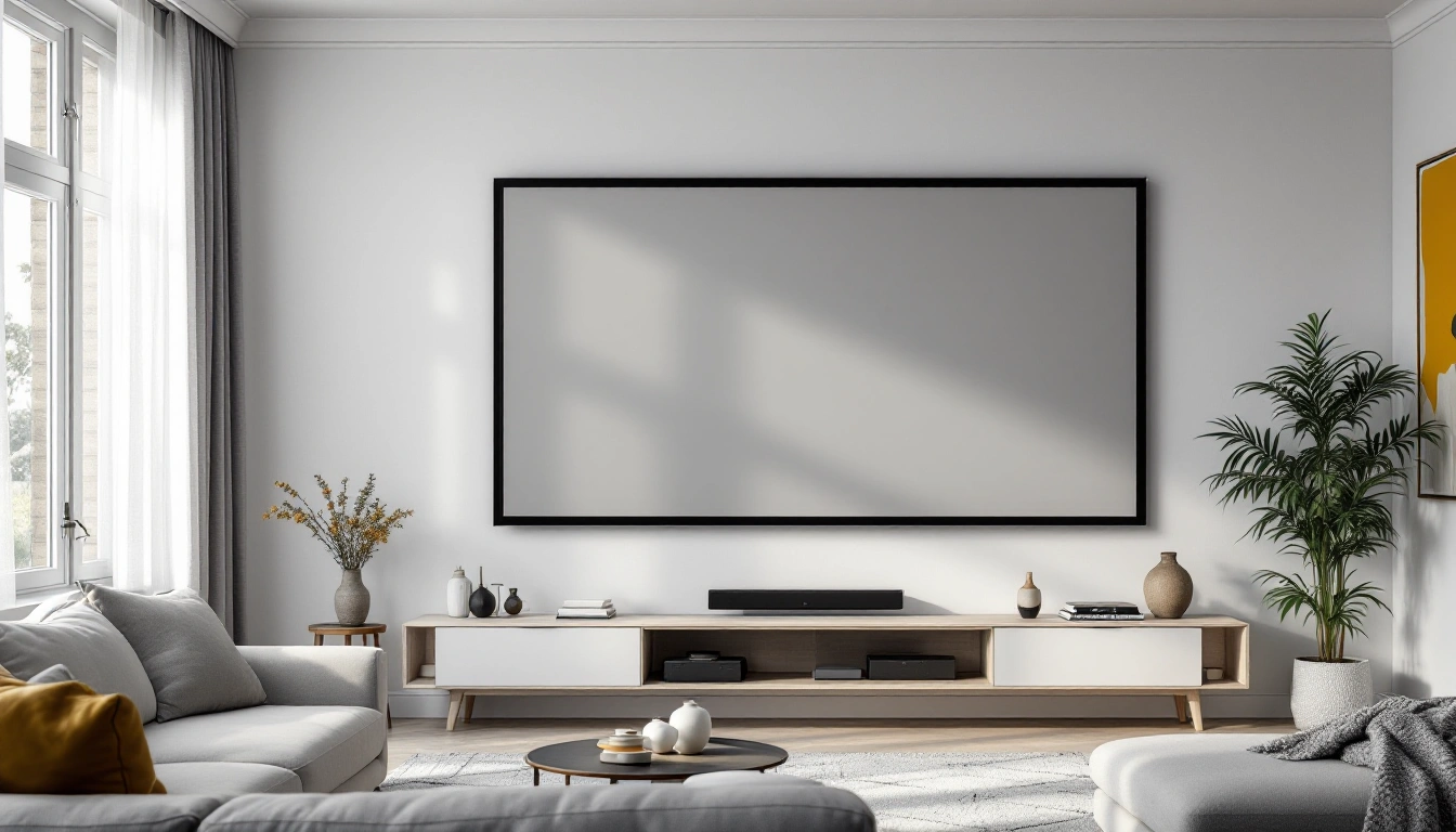 A large grey fixed projector screen on the wall of a bright living room with curtains open