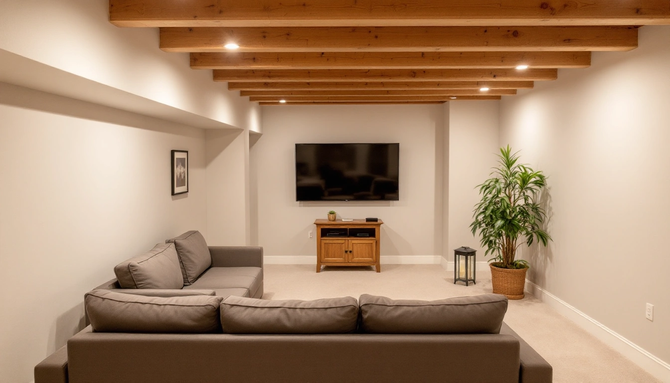 A finished basement room with a couch facing a wall-mounted TV