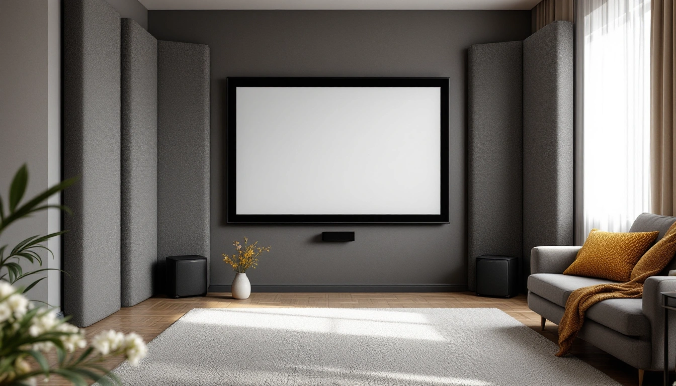 Thick fabric-covered bass trap panels standing in the corners of a small living room