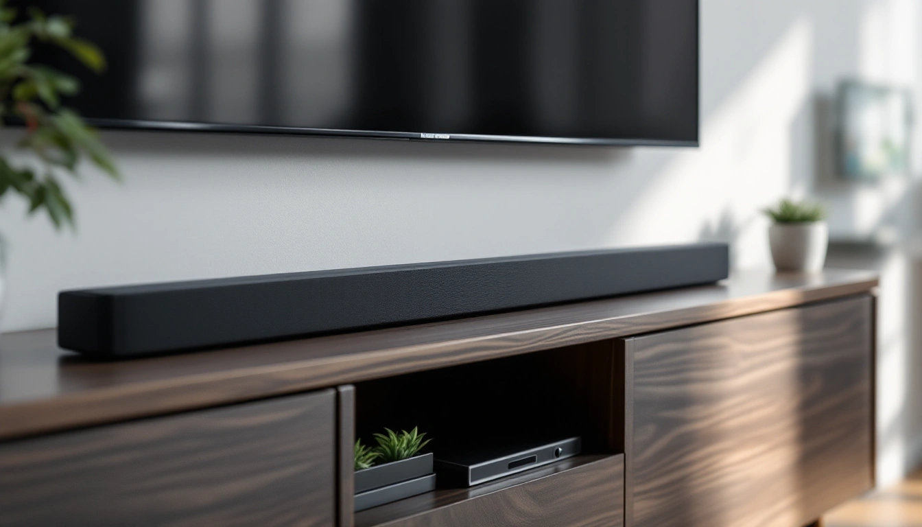 A soundbar on a media console under a wall-mounted TV