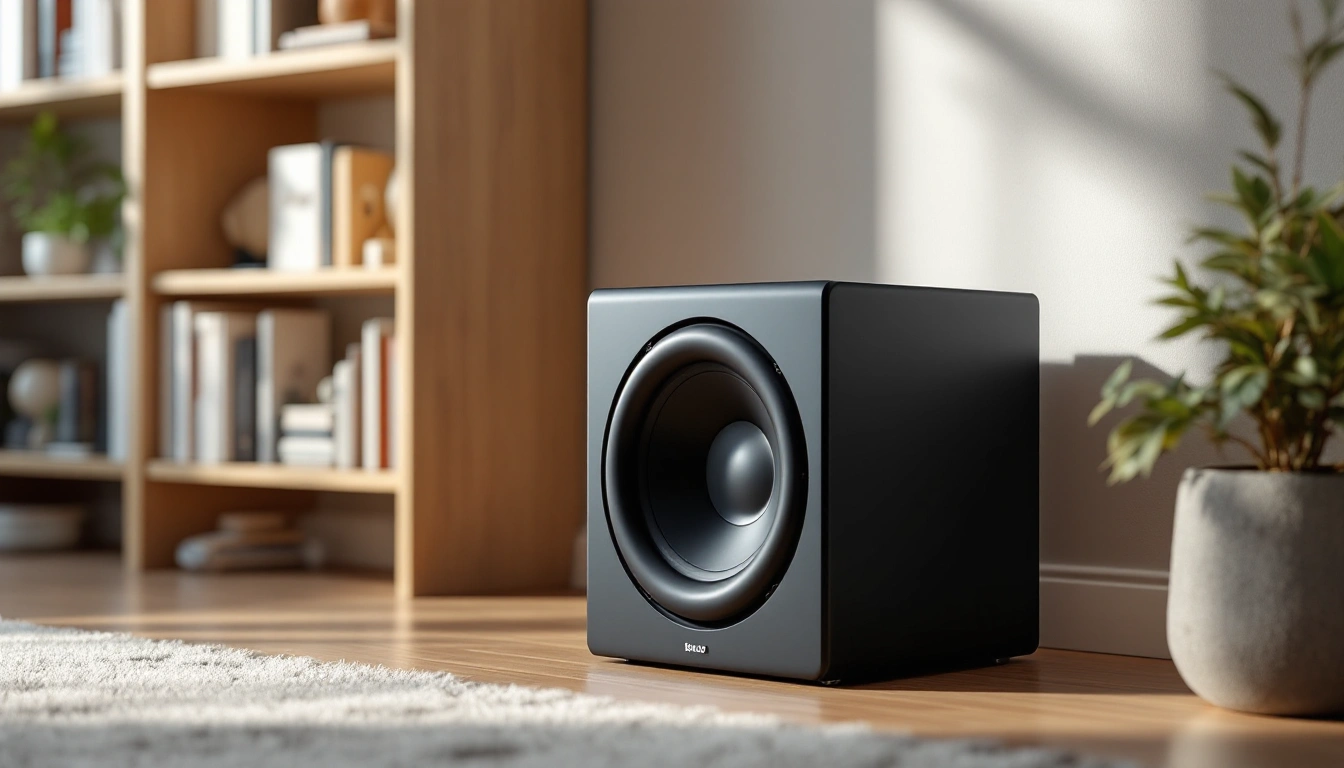A compact subwoofer cabinet beside a bookshelf