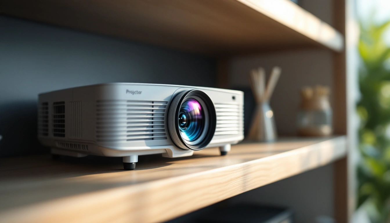 A home theater projector on a shelf with its lens visible
