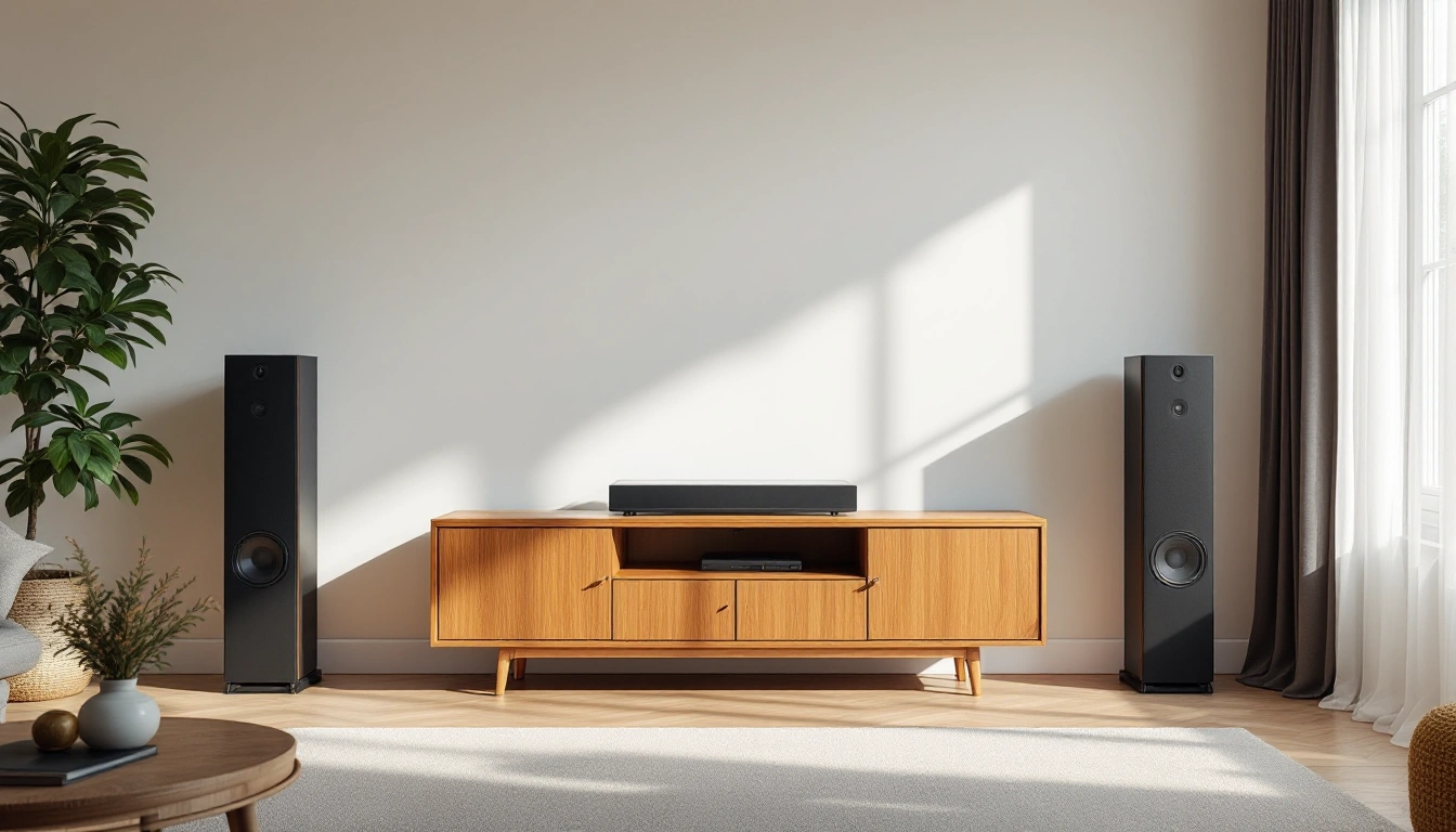 A wooden media cabinet between two floor-standing speakers in a bright living room