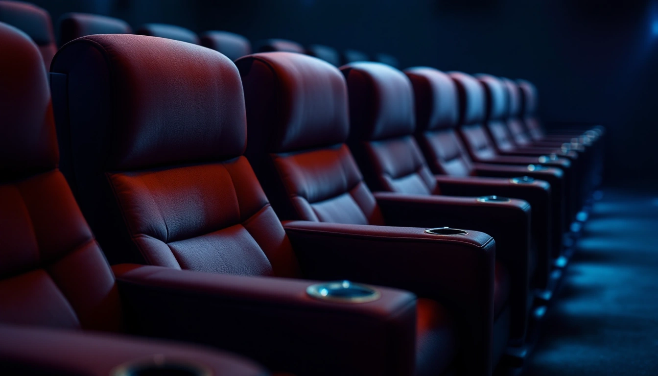 A row of upholstered reclining theater chairs
