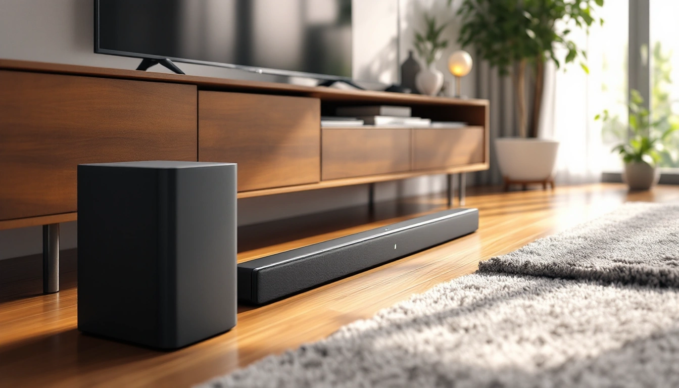 A soundbar and wireless subwoofer beside a TV stand in a bright living room