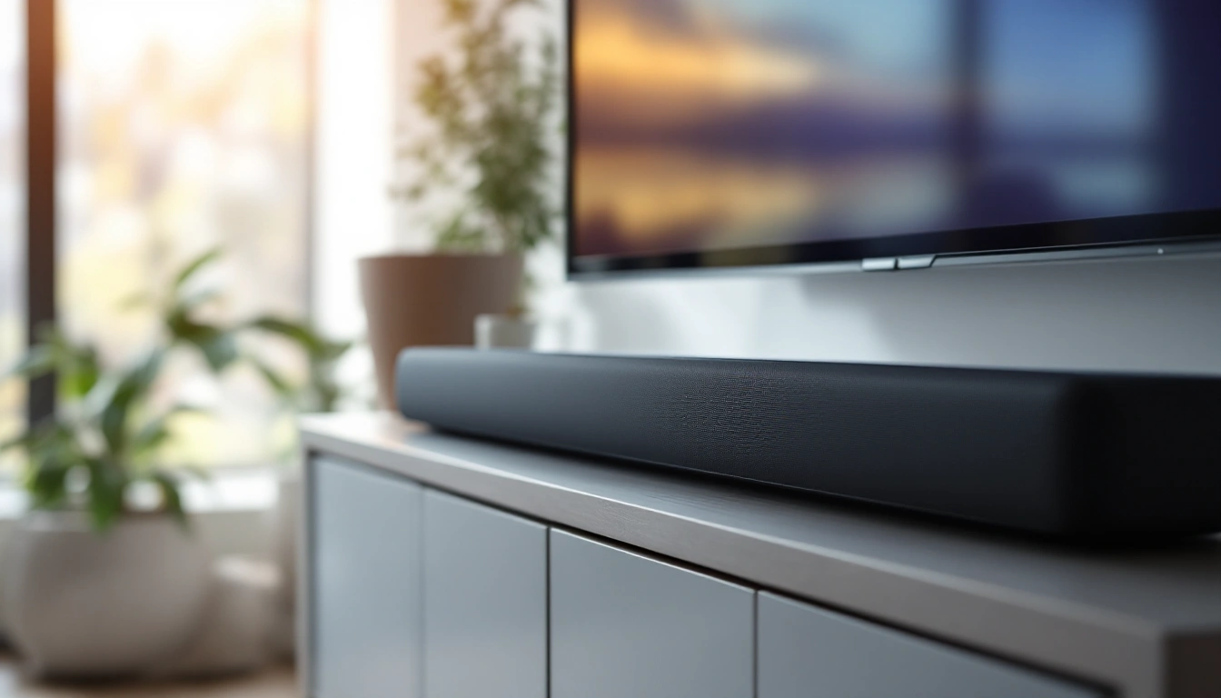 A soundbar resting on a low TV console