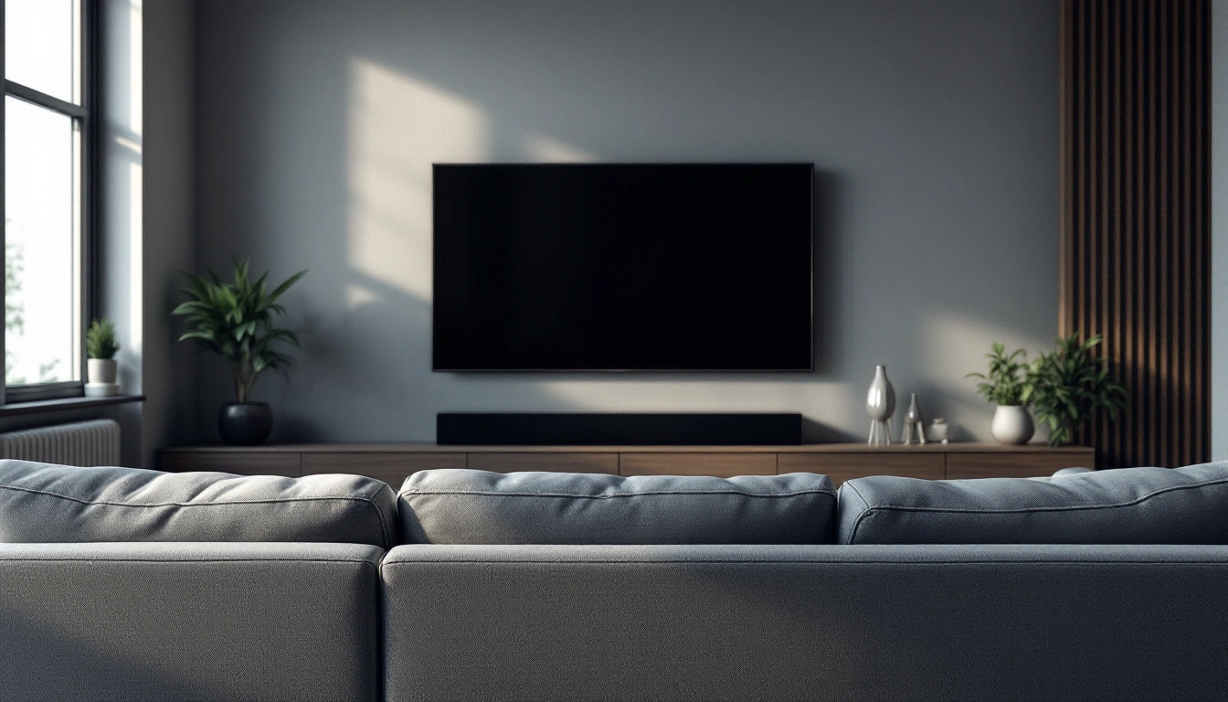 An empty couch facing a wall-mounted TV across a living room