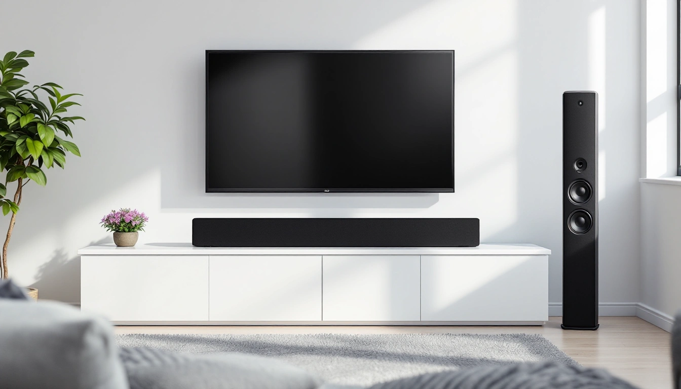 A TV, soundbar and floor speaker arranged in a living room