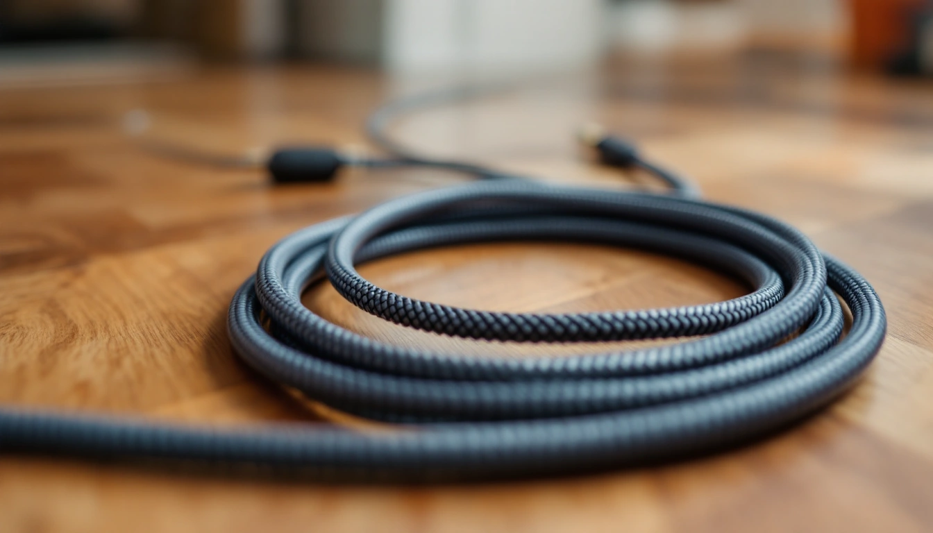 A coiled speaker cable resting on a wood floor