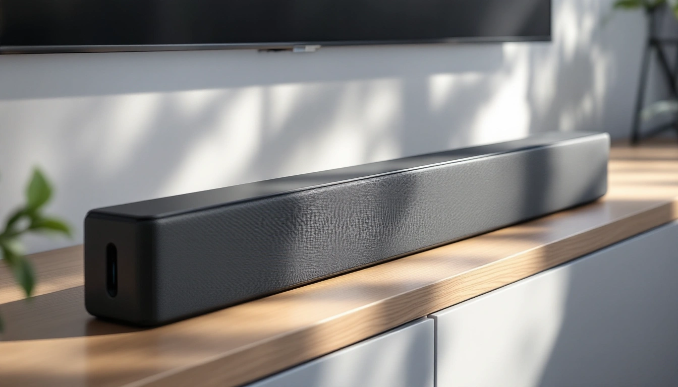 A soundbar with a visible upward-firing driver on top