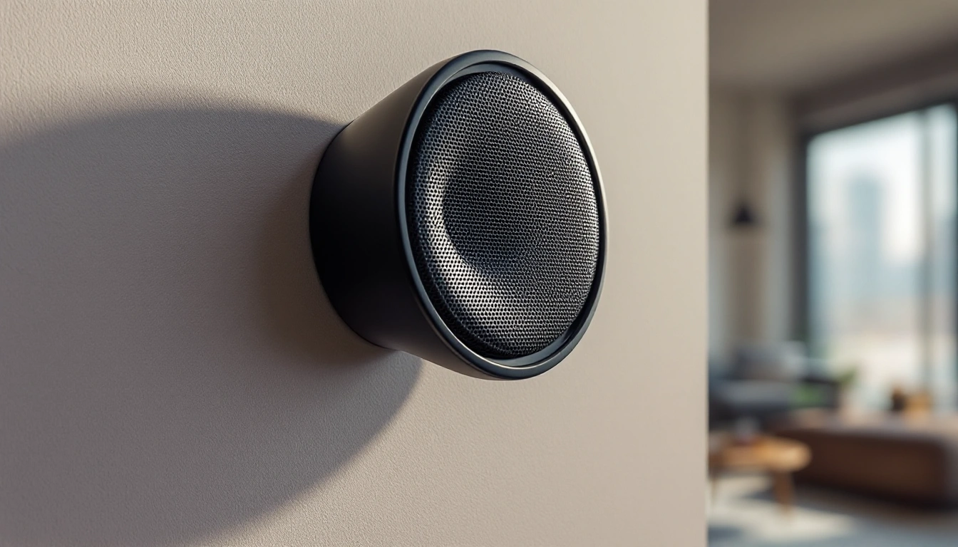 A small speaker mounted near a ceiling corner in a living room