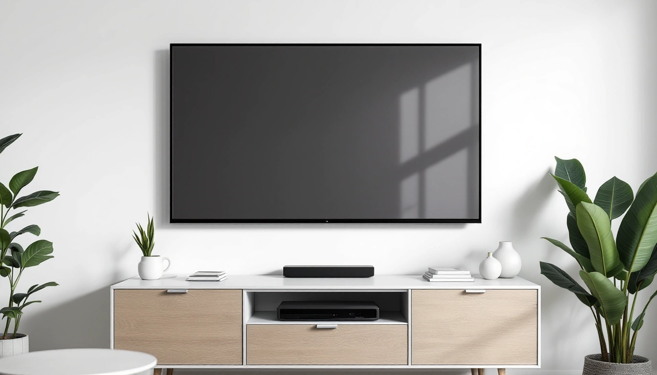 A thin black-bordered fixed-frame projector screen mounted above a low media cabinet