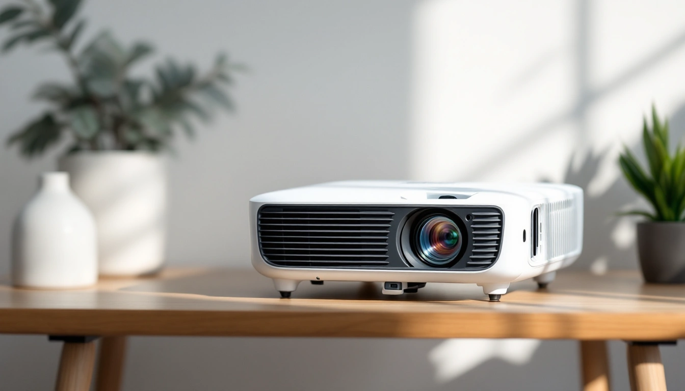 A compact white home projector on a wooden coffee table