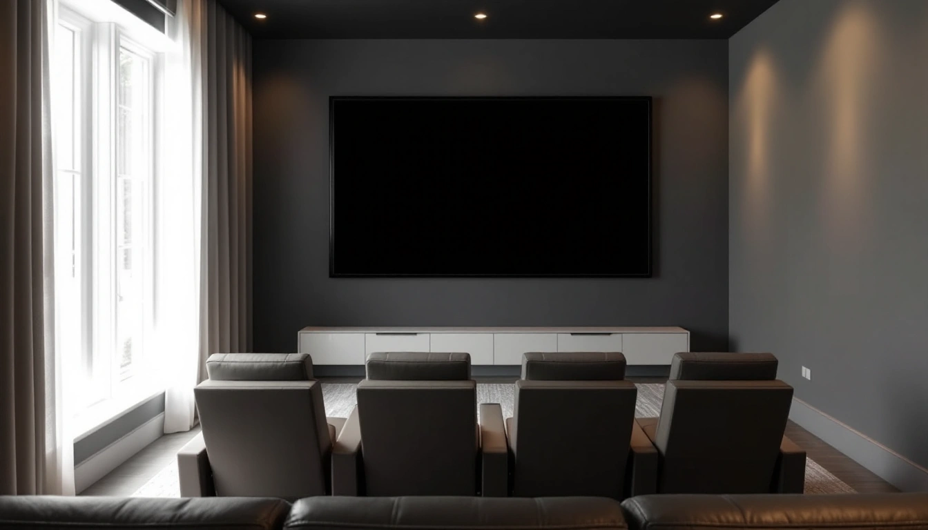 A small dedicated home theater room with a row of seats facing a screen