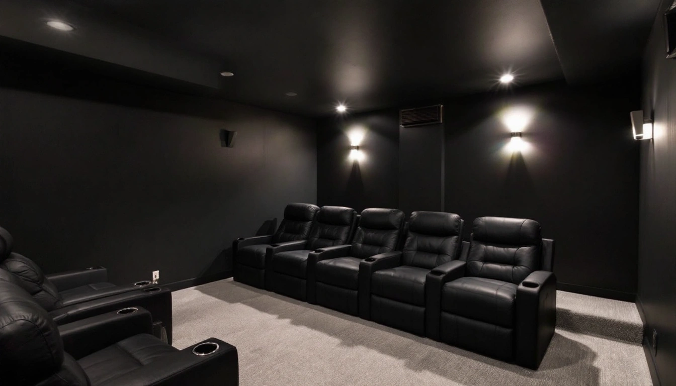 A dedicated basement home theater room with dark walls, two rows of recliners and soft ceiling lights