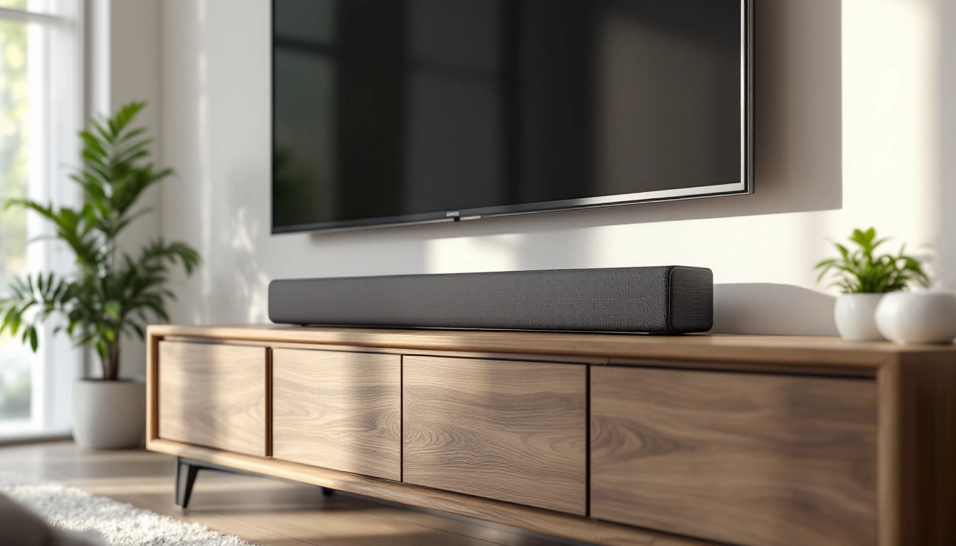 A media console with a soundbar beneath a wall-mounted TV