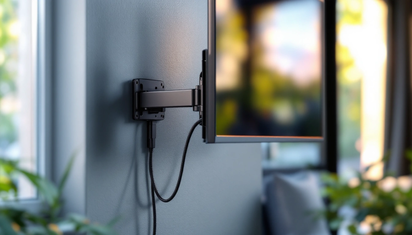 A wall-mounted TV bracket with cables routed neatly