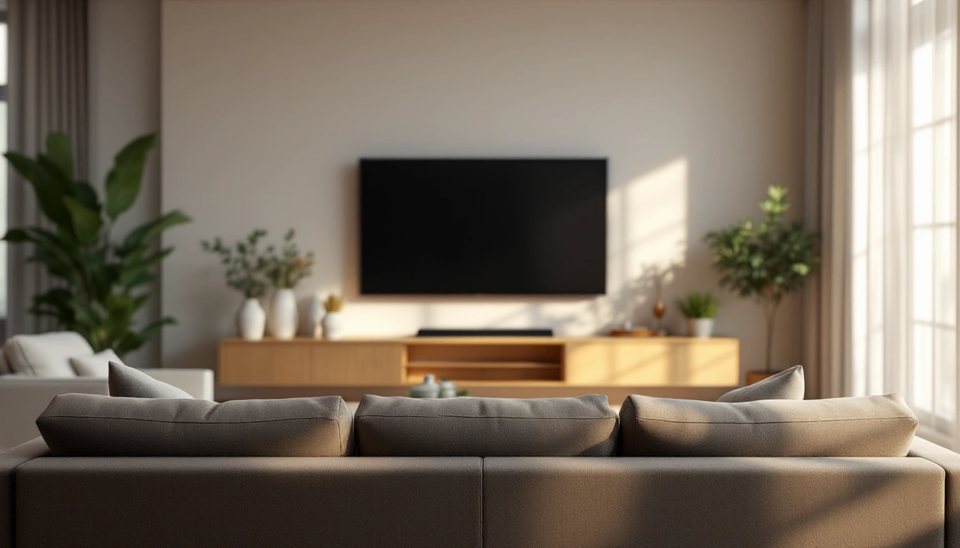 A couch facing a wall-mounted TV in a bright living room