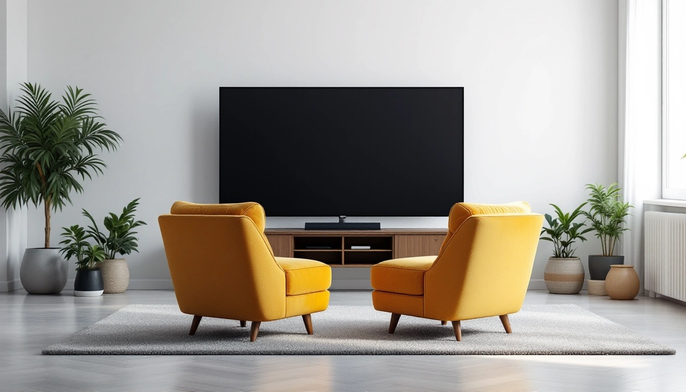Two armchairs angled toward a TV in a living room