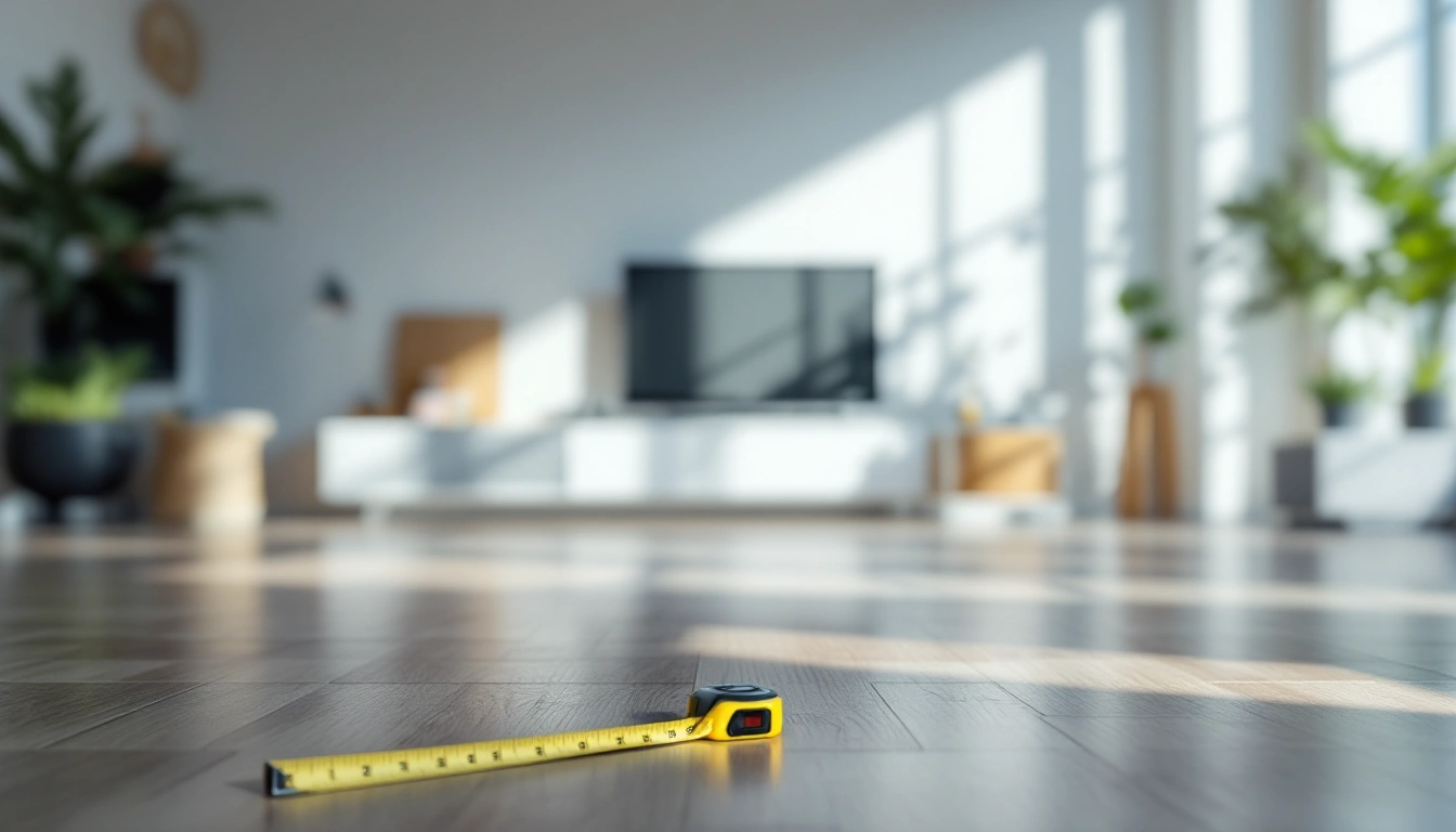 A living room mid-setup with a tape measure on the floor