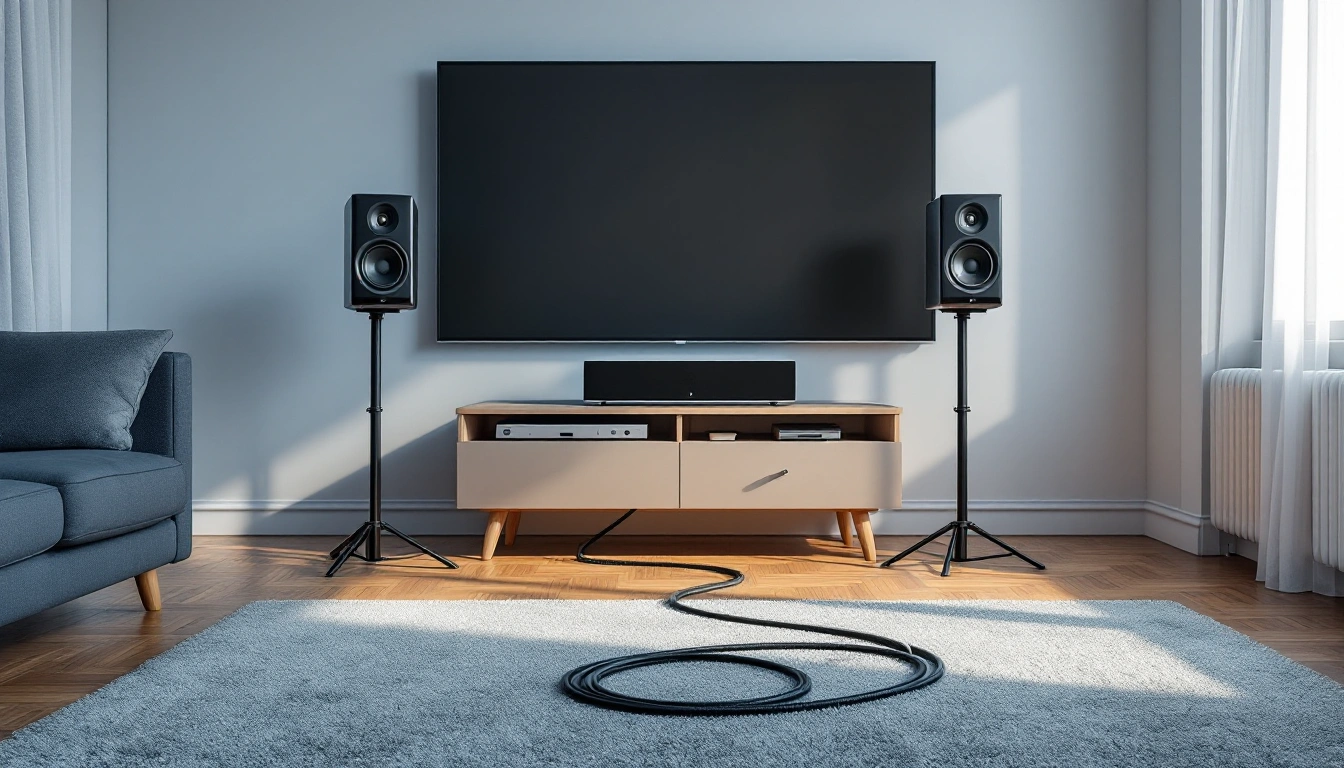 An empty living room mid setup, with speakers on stands and neatly coiled cable on the rug
