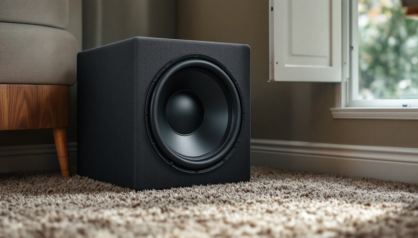A subwoofer cabinet in the corner of a carpeted room