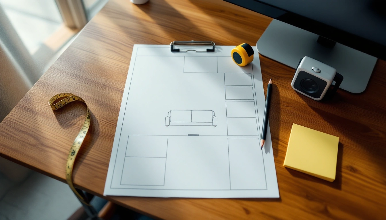 A printed home theater room worksheet beside a tape measure and speaker on a naturally lit desk