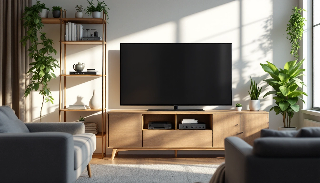 A media room with a TV console, shelving and a couch