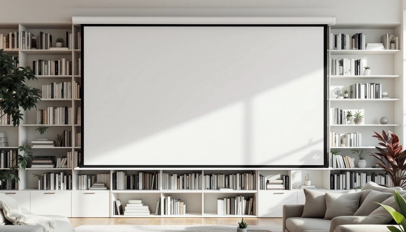 A pull-down white projector screen hanging in front of a bookshelf