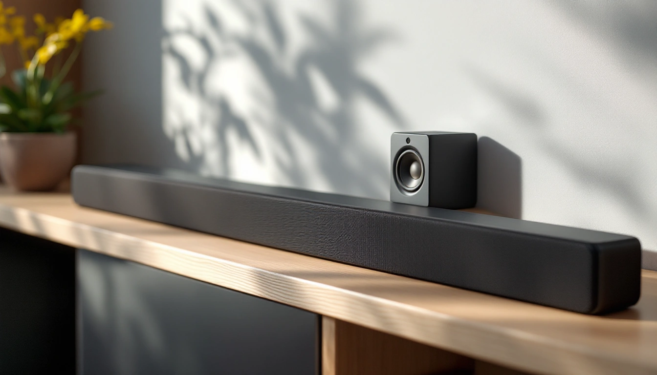 A soundbar beside a small satellite speaker on a shelf