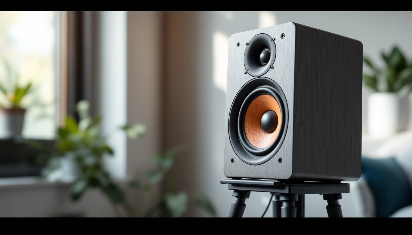 A bookshelf speaker on a stand beside a window
