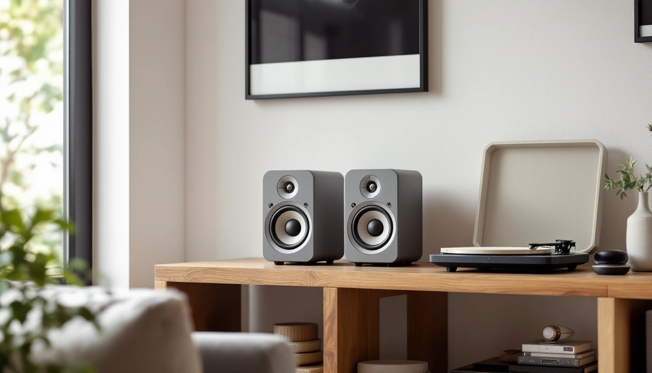 Two bookshelf speakers beside a record player on a wooden shelf
