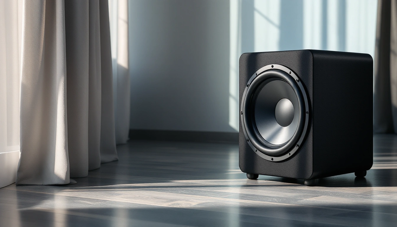 A subwoofer cabinet placed near a room corner