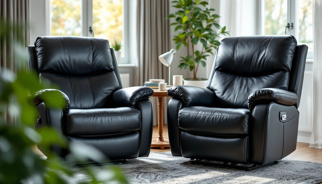 Two dark leather recliner chairs side by side in a sunlit living room