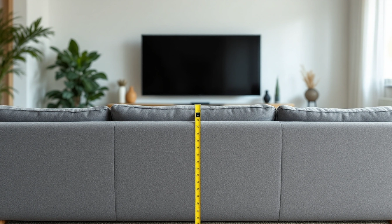 A sofa facing a large switched-off TV with a tape measure lying on the rug between them
