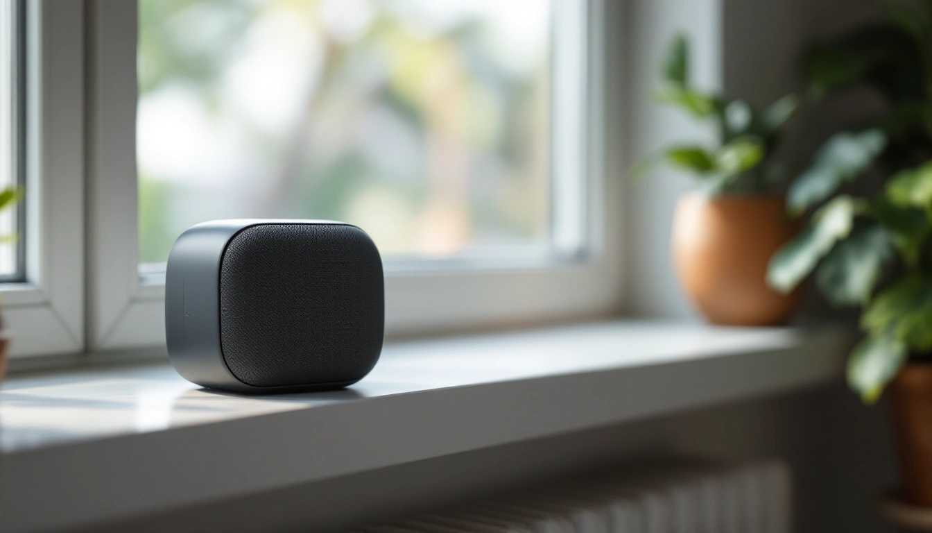 A small wireless speaker on a shelf near a window