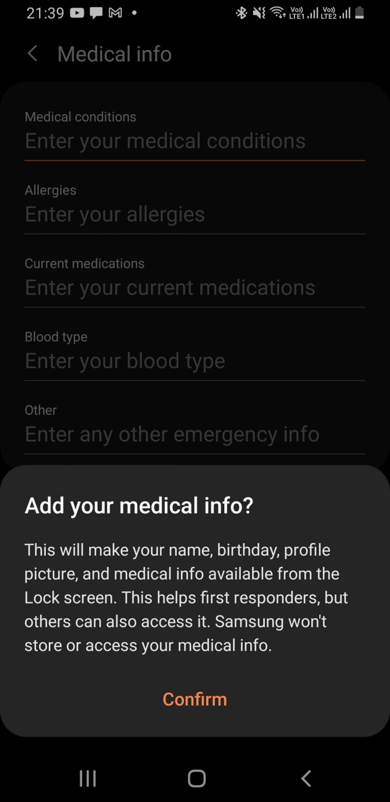   Samsung configurando informações médicas