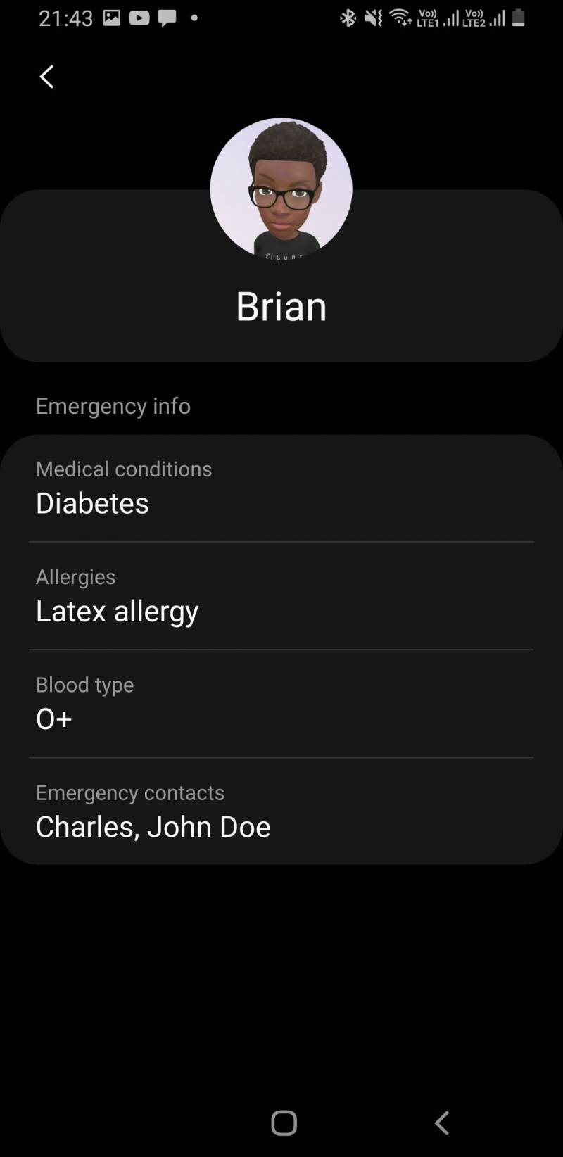   Captura de tela das informações médicas da Samsung