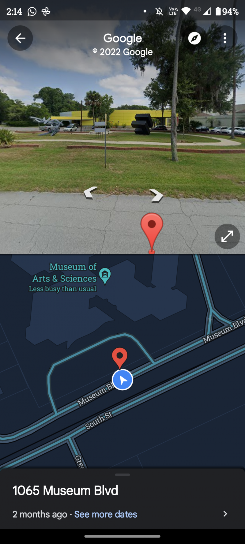   Street View di bahagian atas dengan peta dan pin di bahagian bawah