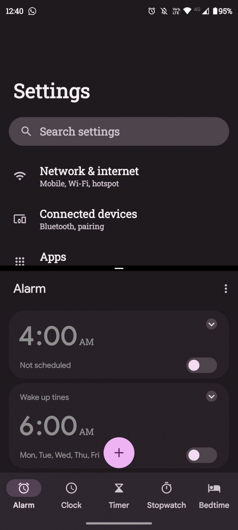   Configuración de Android y pantalla dividida de alarma