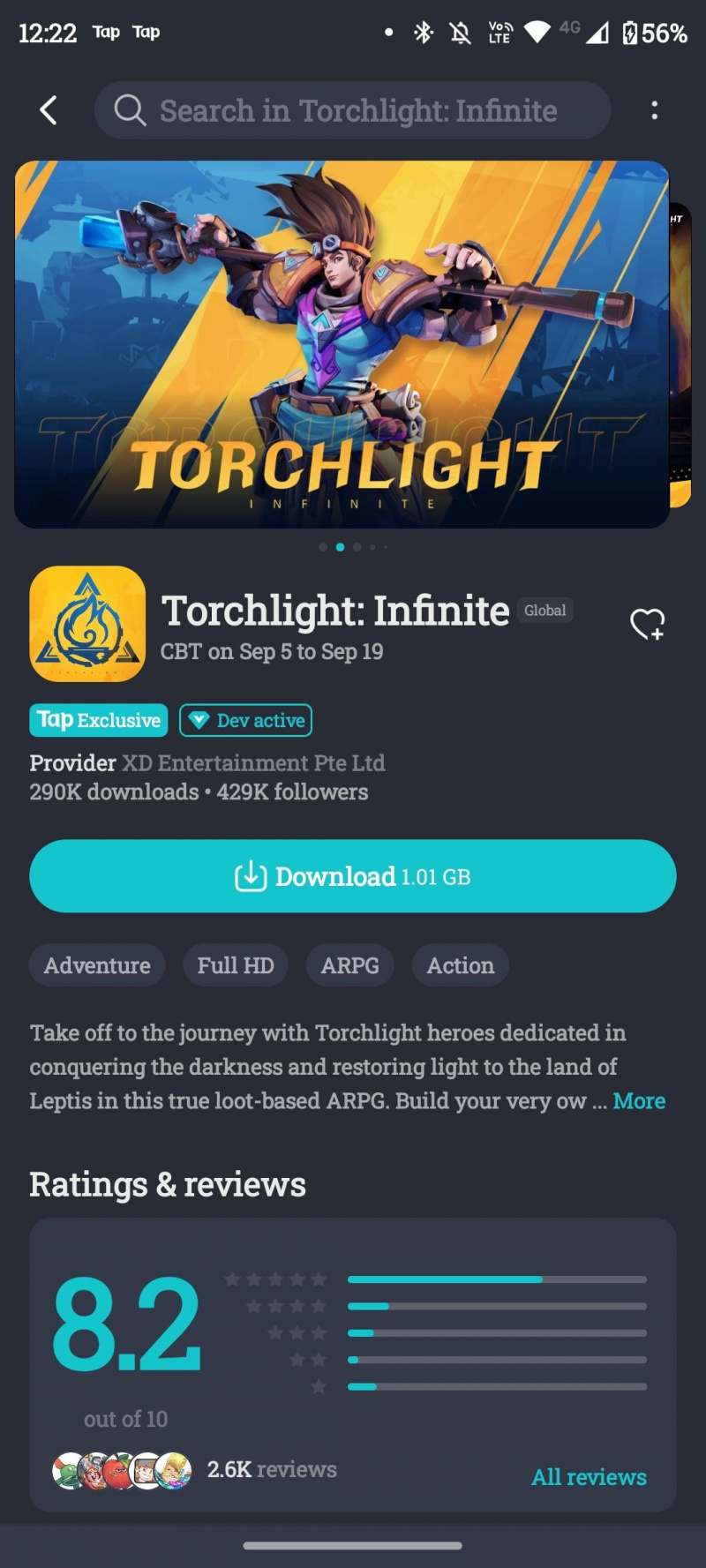   Torchlight : page de téléchargement de Infinite TapTap