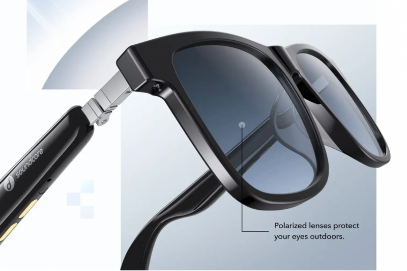   Captura completa de um par de óculos Soundcore Frames Wander Smart Glass mostrando lentes polarizadas