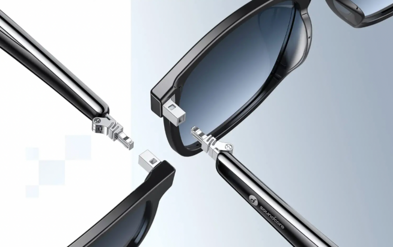   Um par de armações Soundcore Wander Smart Glasses mostrando armações intercambiáveis