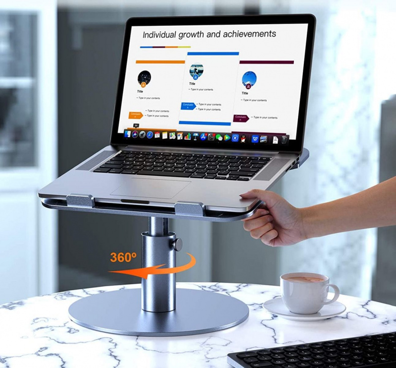  YoFeW kannettavan tietokoneen teline, jossa nuolet osoittavat 360 asteen jalustan kiertoa