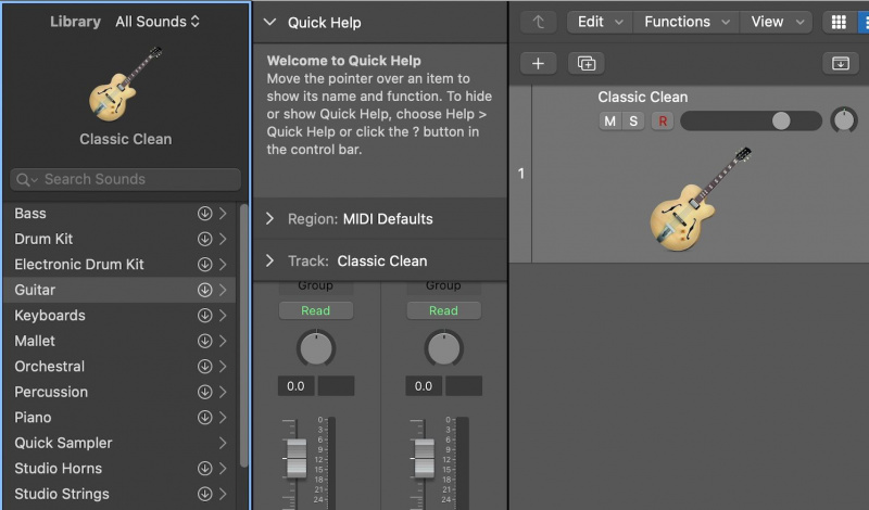   Skärmdump av Logic Pro X som visar en lista över mjukvaruinstrument som sträcker sig från gitarrer och trummor till slagverk och horn.
