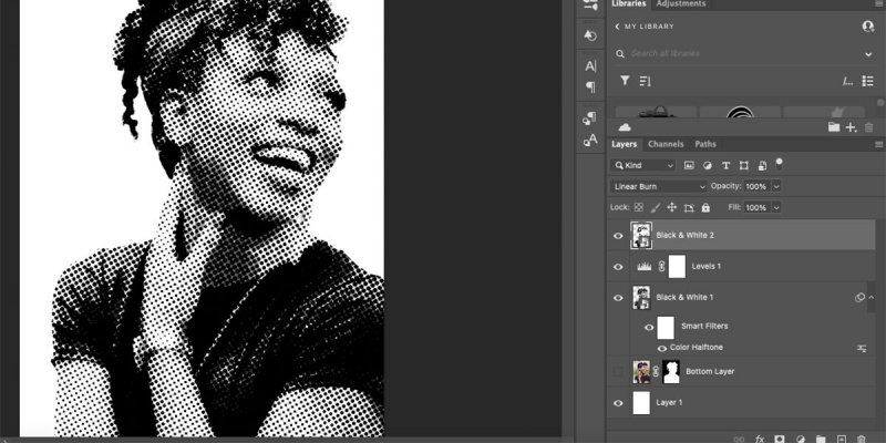  Umetna plošča Photoshop s poltonskim portretom in prekrivanjem z visokim kontrastom.