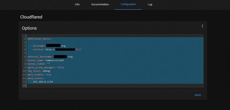   Snimka zaslona uređivanja konfiguracijske datoteke dodatka Cloudflared